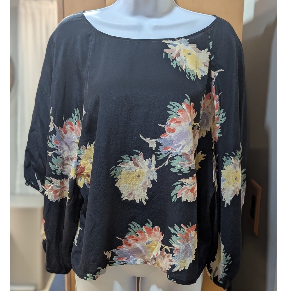 Lil Anthropologie Black Floral 100% Silk Dolman Sleeve Blouse‎ Top Size 6